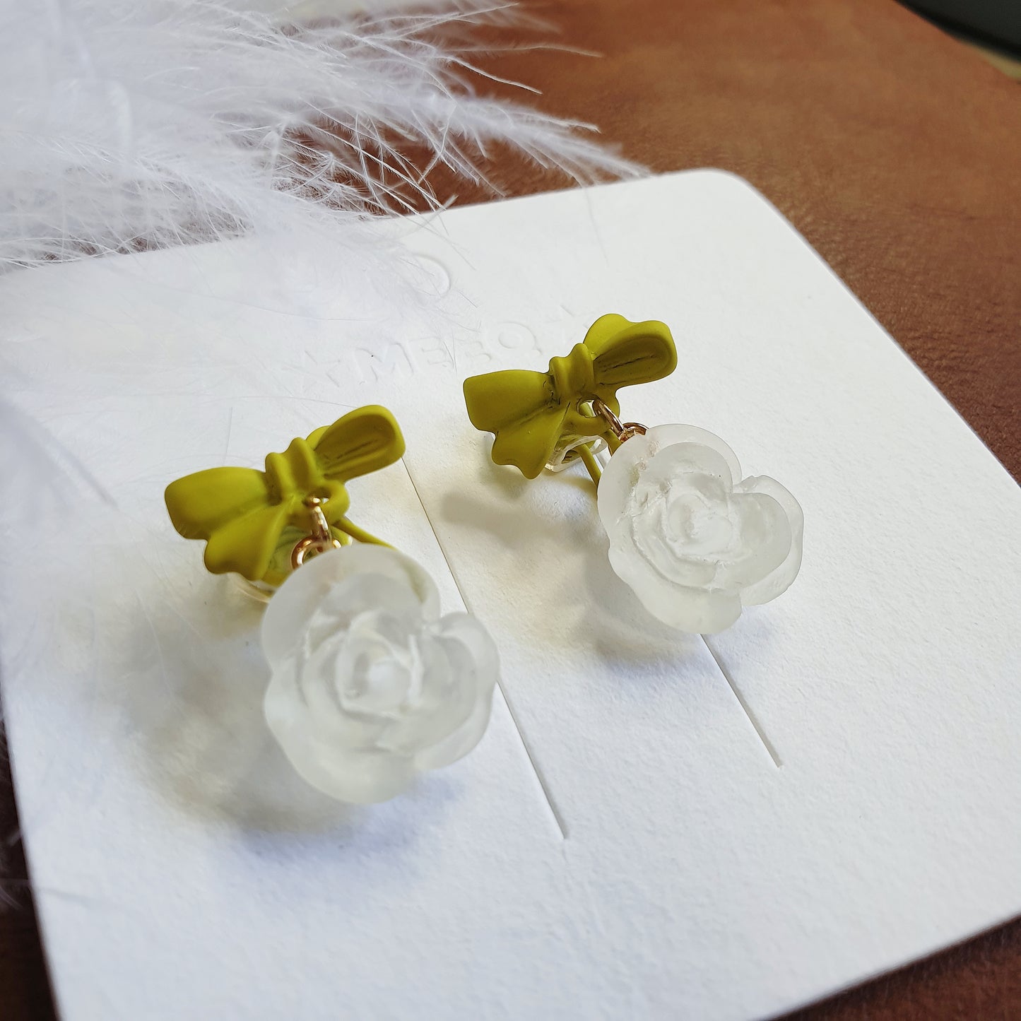 Luninana Clip-on Earrings -  White Rose with Green Ribbon Earrings LL025