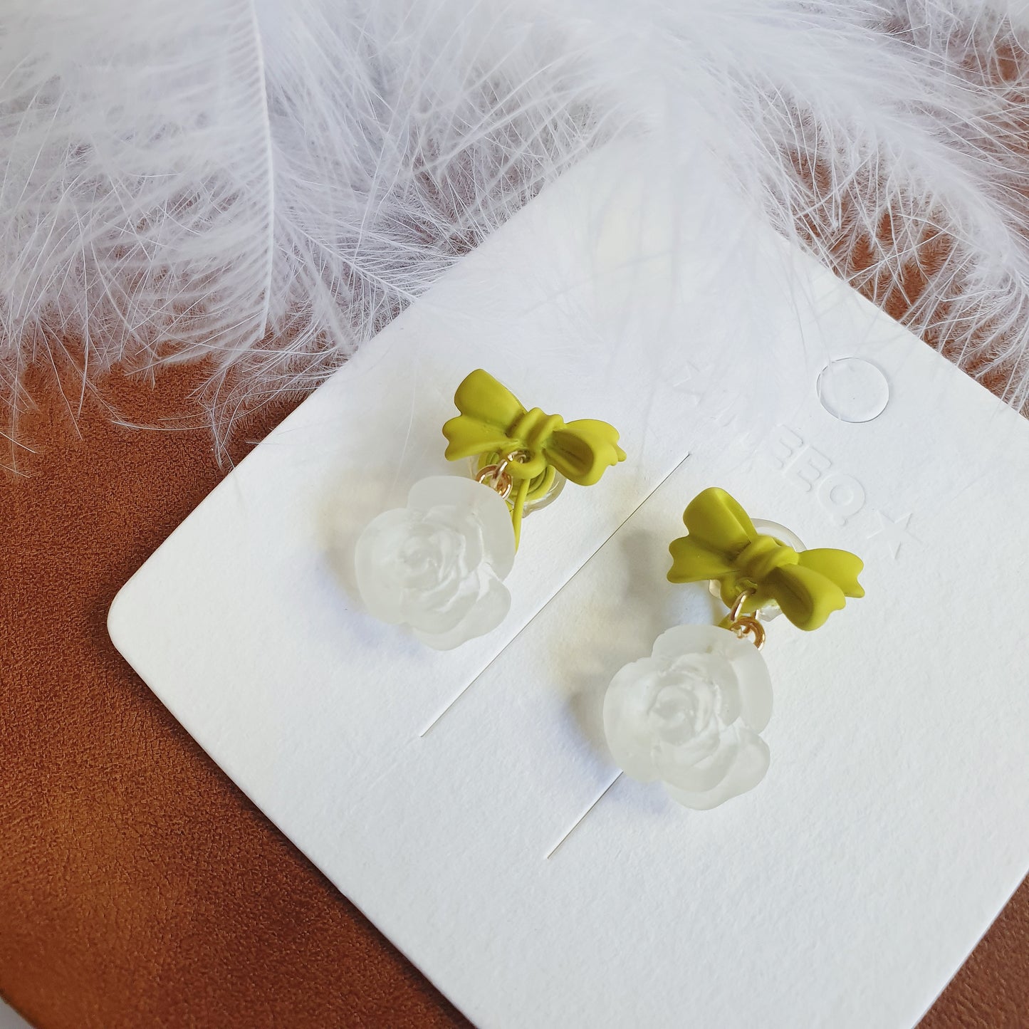 Luninana Clip-on Earrings -  White Rose with Green Ribbon Earrings LL025