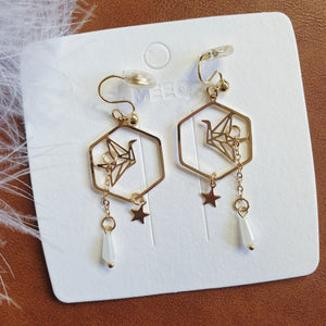 Luninana Clip-on Earrings -  Hexagon Golden Origami Crane Earrings LL026