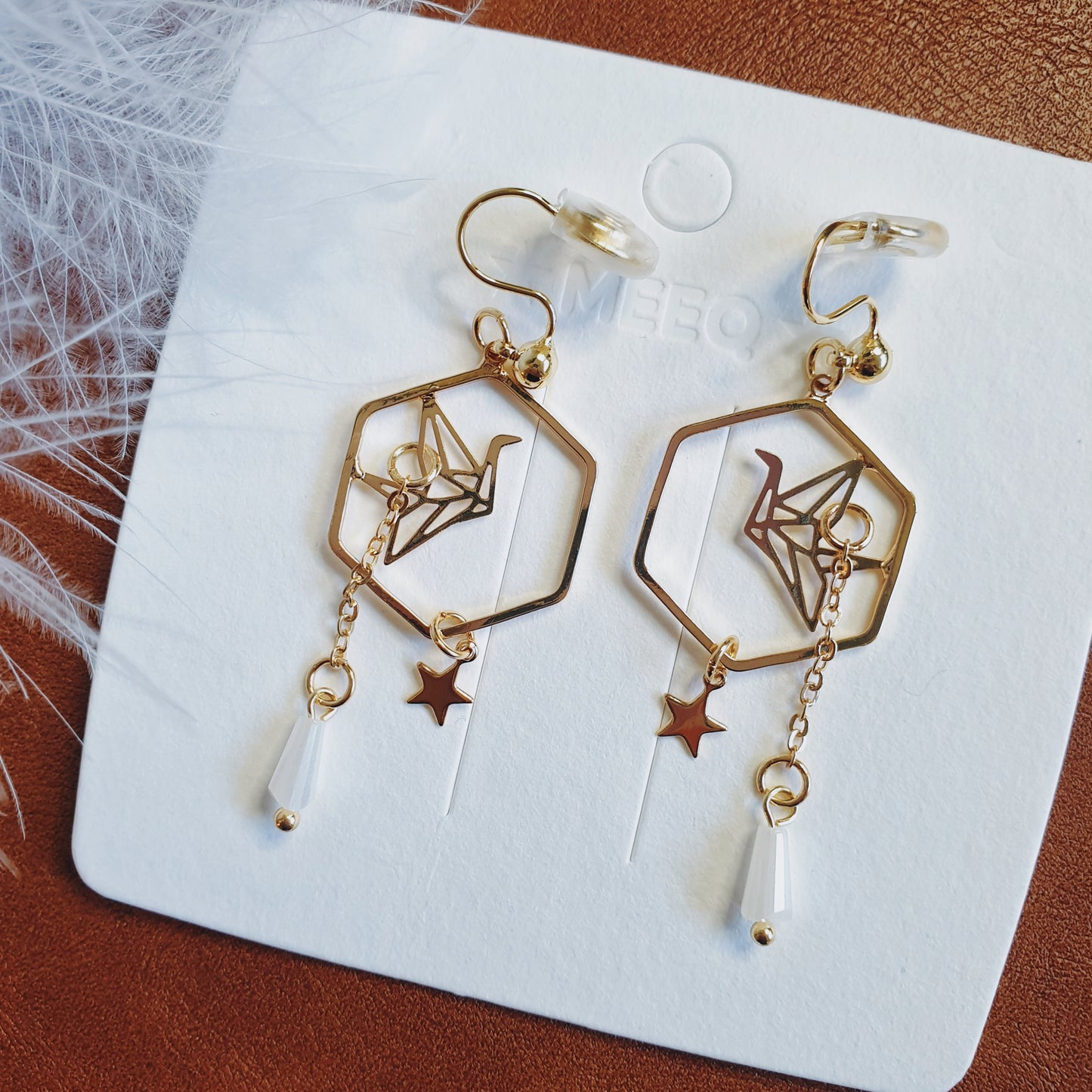 Luninana Clip-on Earrings -  Hexagon Golden Origami Crane Earrings LL026