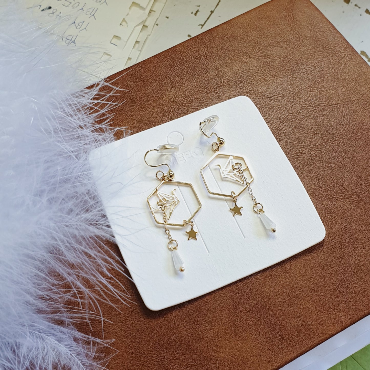 Luninana Clip-on Earrings -  Hexagon Golden Origami Crane Earrings LL026