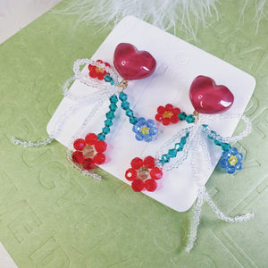Luninana Clip-on Earrings - Wine Heart with Tassel Floral Earrings LL028